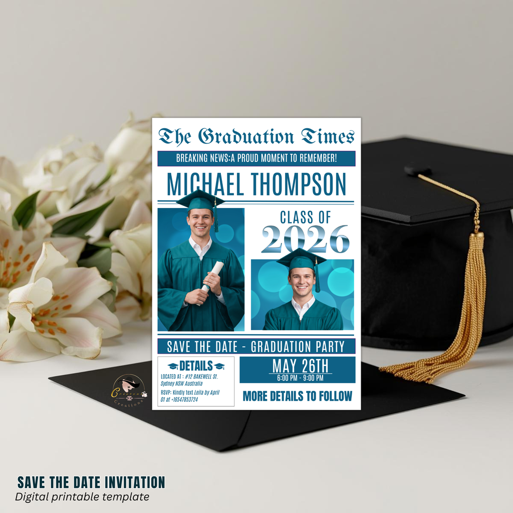 Teal Graduation Save the Date Invitation, Newspaper Grad Party with photo Invite, High School Class 2026 Boy Girl Digital Printable Template