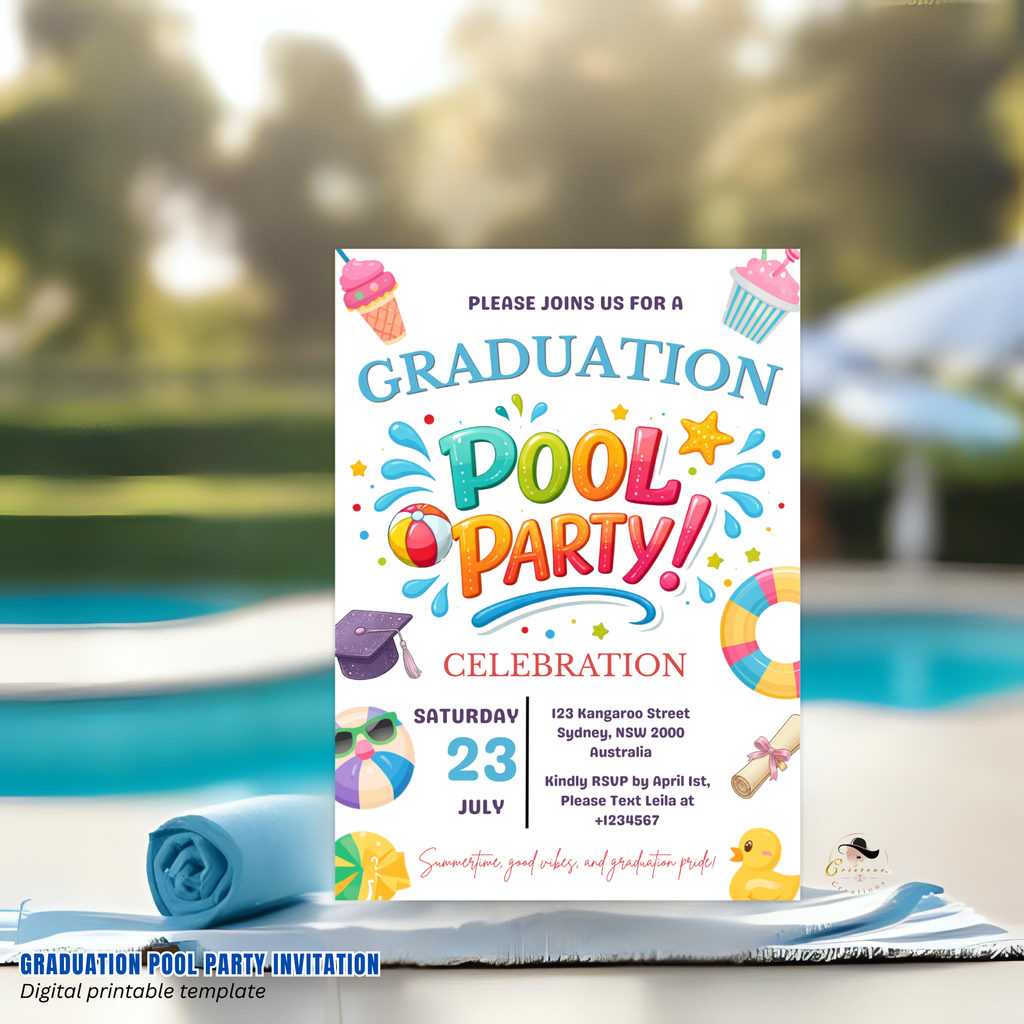 Pool Party Graduation Invitation for Kids, Hello Pool Goodbye School Summer Beach Invite, Boy Girl Printable Digital Canva Template