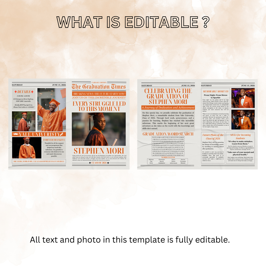 Orange Graduation Announcement Newspaper Template with Photo, Class of 2026 Grad Party for Boys and Girls, Editable Canva Digital Printable