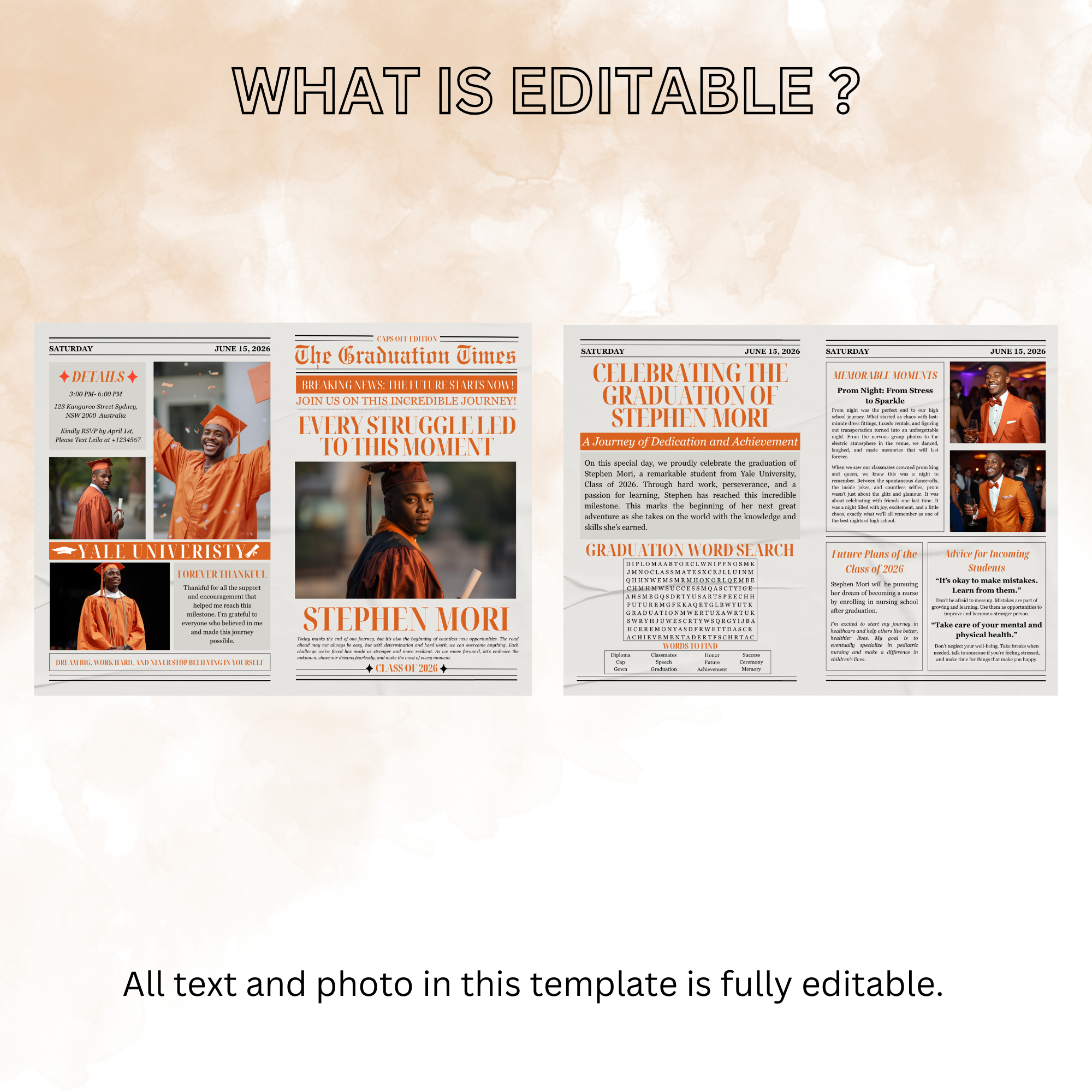 Orange Graduation Announcement Newspaper Template with Photo, Class of 2026 Grad Party for Boys and Girls, Editable Canva Digital Printable