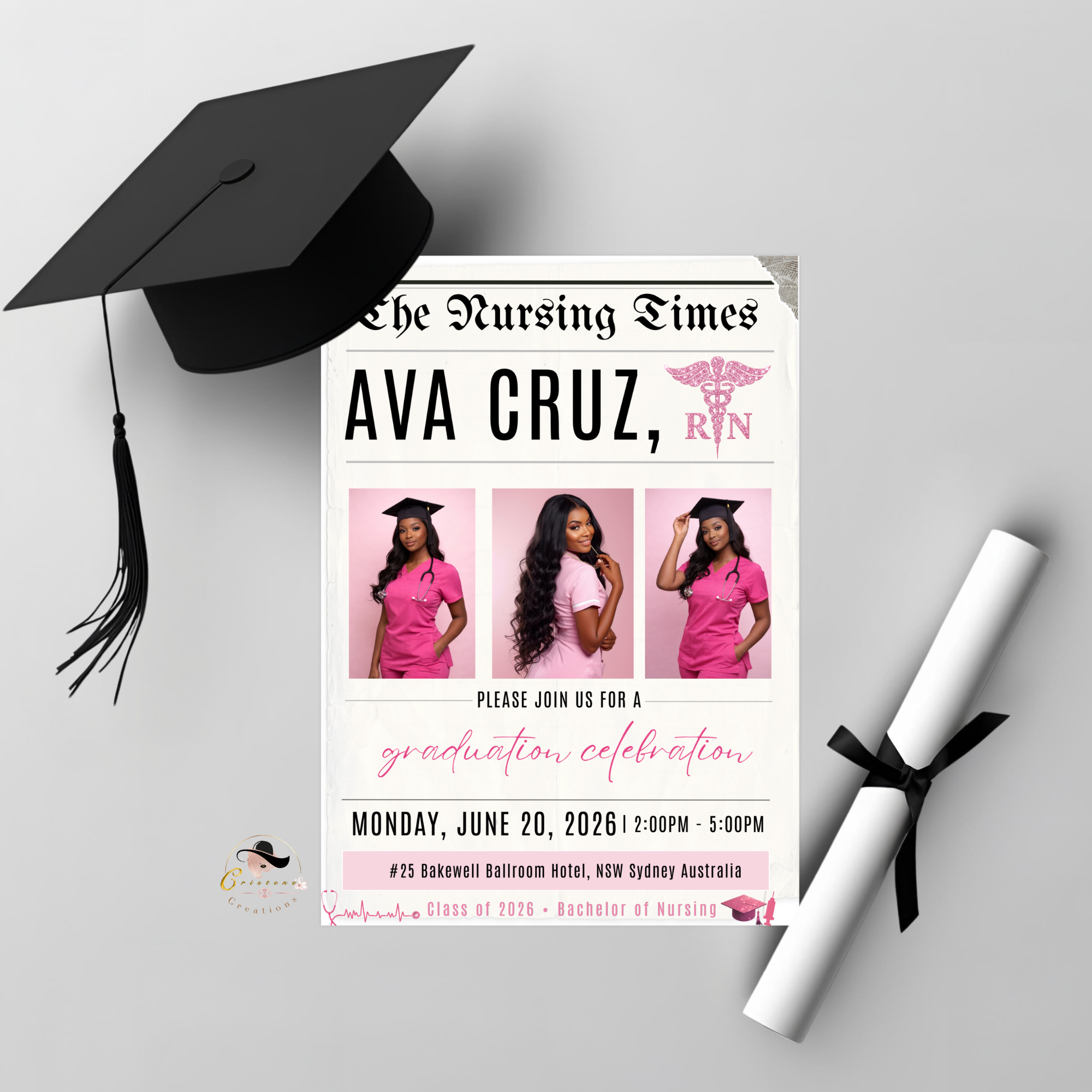 Nurse Graduation Newspaper Invitation with Photo, Pink RN BSN Pinning Ceremony Invite, Canva Digital Printable Flyer Template