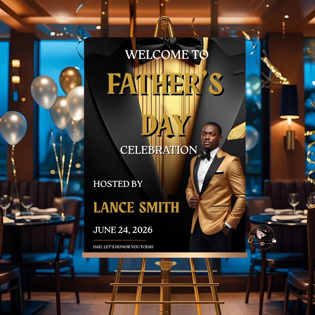 Fathers Day Welcome Sign with Photo, Tuxedo Theme Dad Party Poster Sign, Brunch Dinner Drinks Celebration, Editable Canva Printable Template