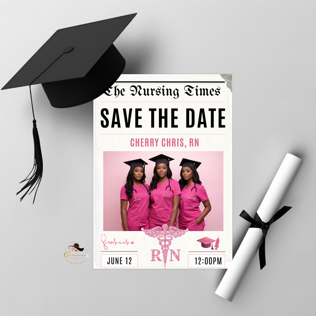 Nurse Graduation Save the Date Invitation, Pink Newspaper Grad Party with photo Invite, Pinning Ceremony RN Invite, Digital Canva Template