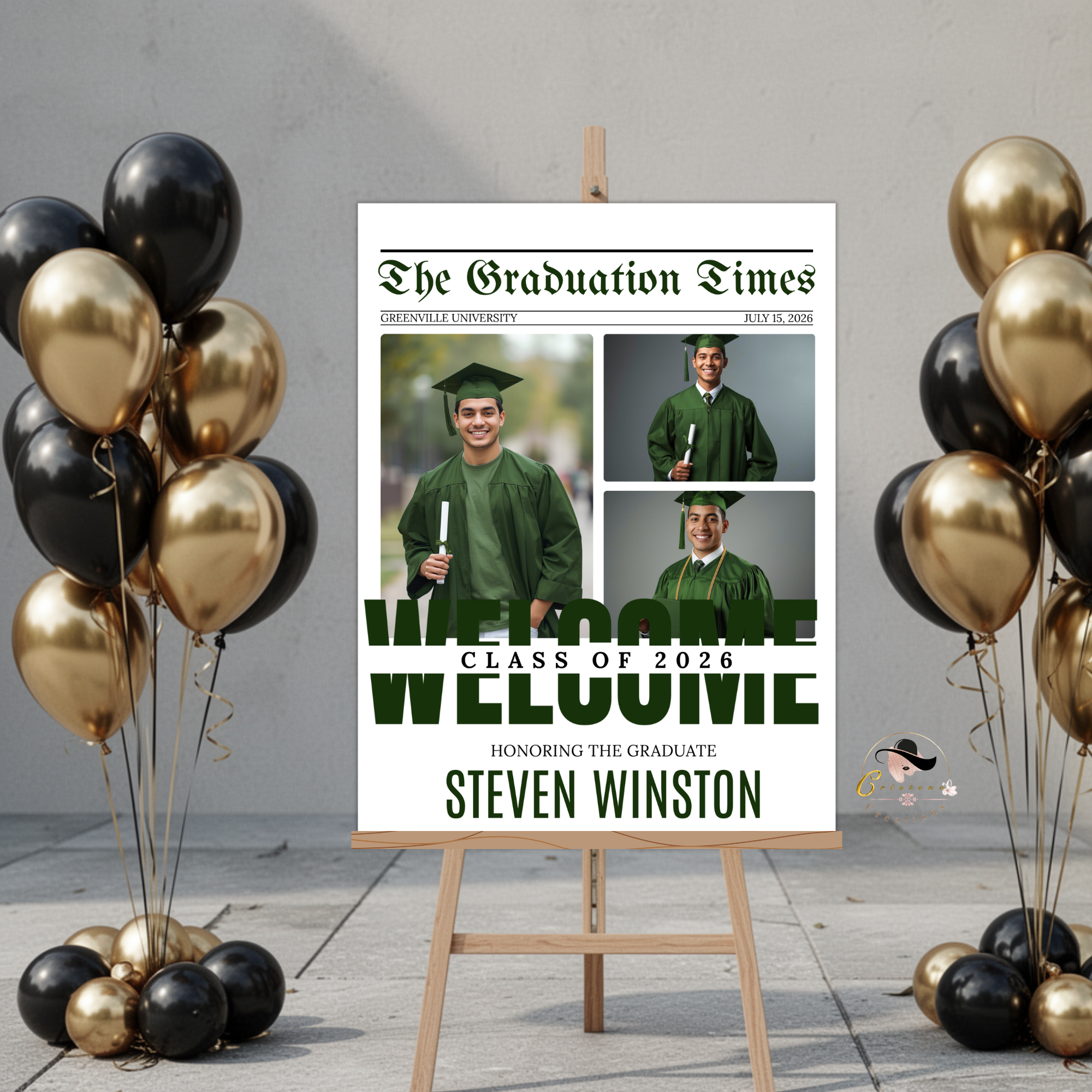 Newspaper Boy Graduation Welcome Party Sign, Senior Grad Announcement Sign with photo, High School Graduates Sign, Green Printable Template