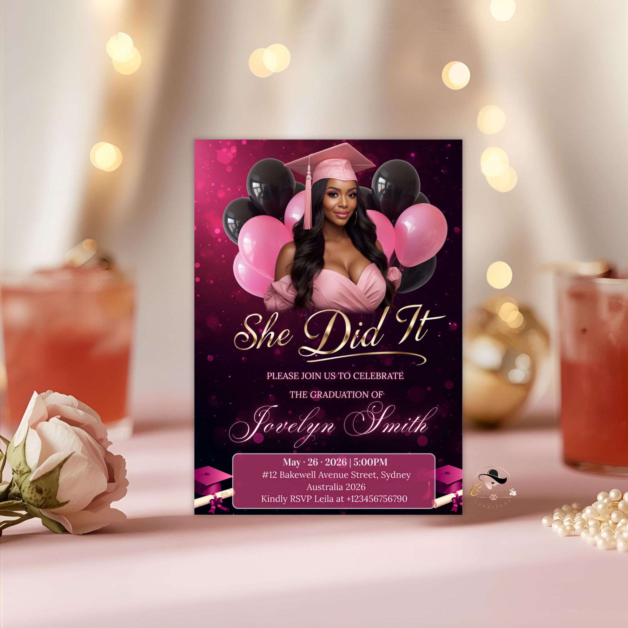 Digital Graduation Announcement Invitation, She Did It invite, Senior Grad Party with photo invite, Elegant Pink Black Printable Template