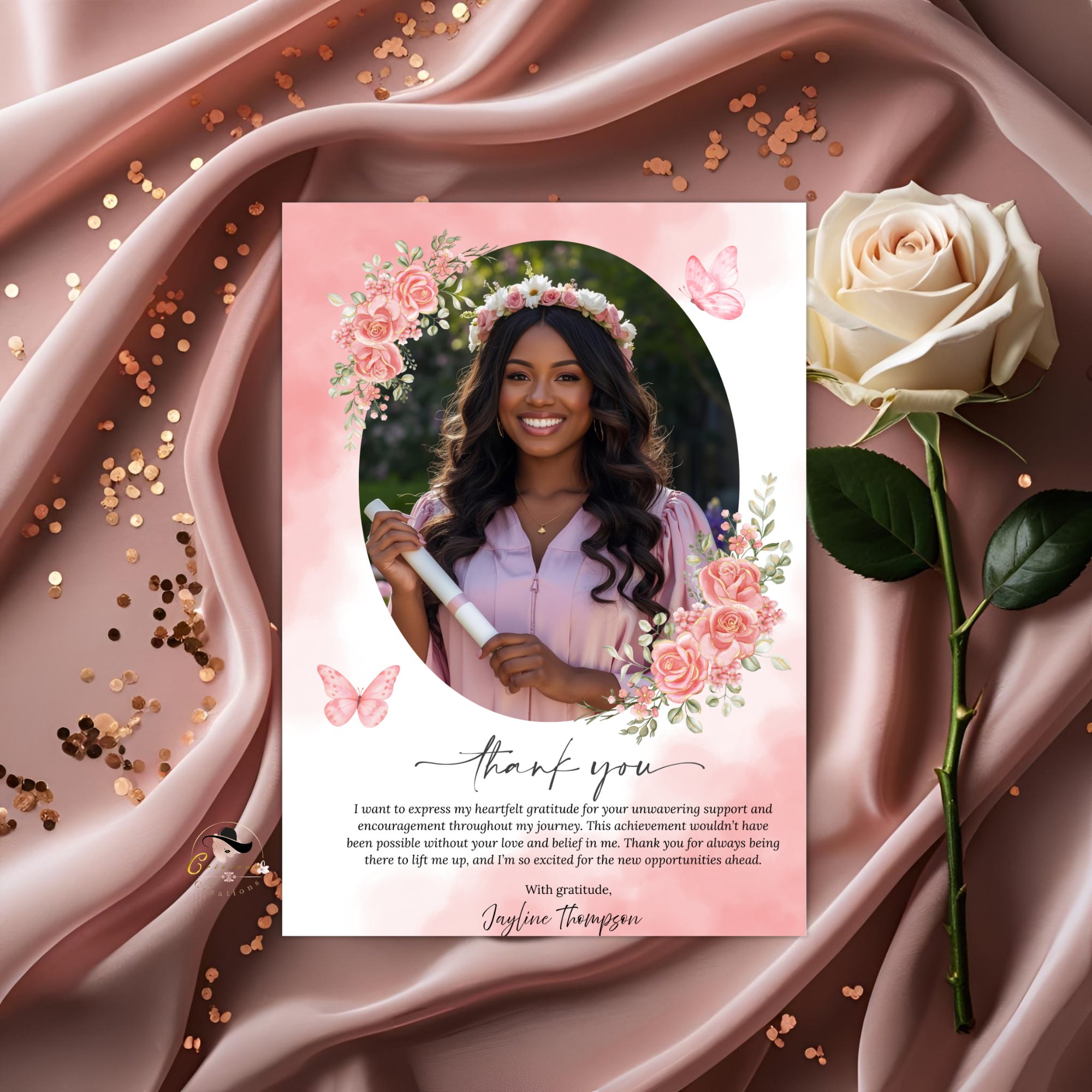 Wildflower Graduation Thank You Card with photo, Senior Grad Party Thank you note, Pink Birthday Thank You Cards, Digital Printable Template