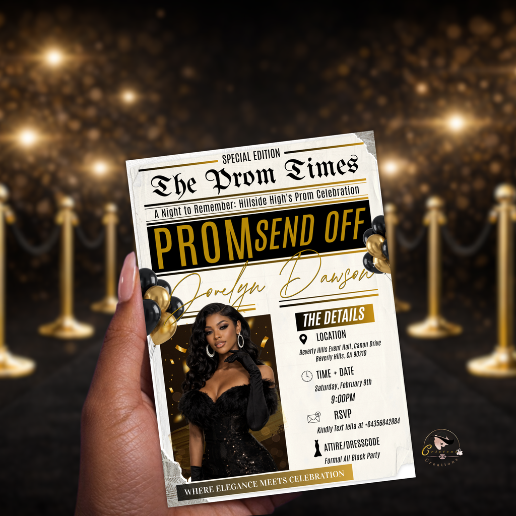 Newspaper Prom Send Off Party Invitation, Black Gold Prom Queen with photo invite, Girls Prom Night Flyer Card, Digital Printable Template