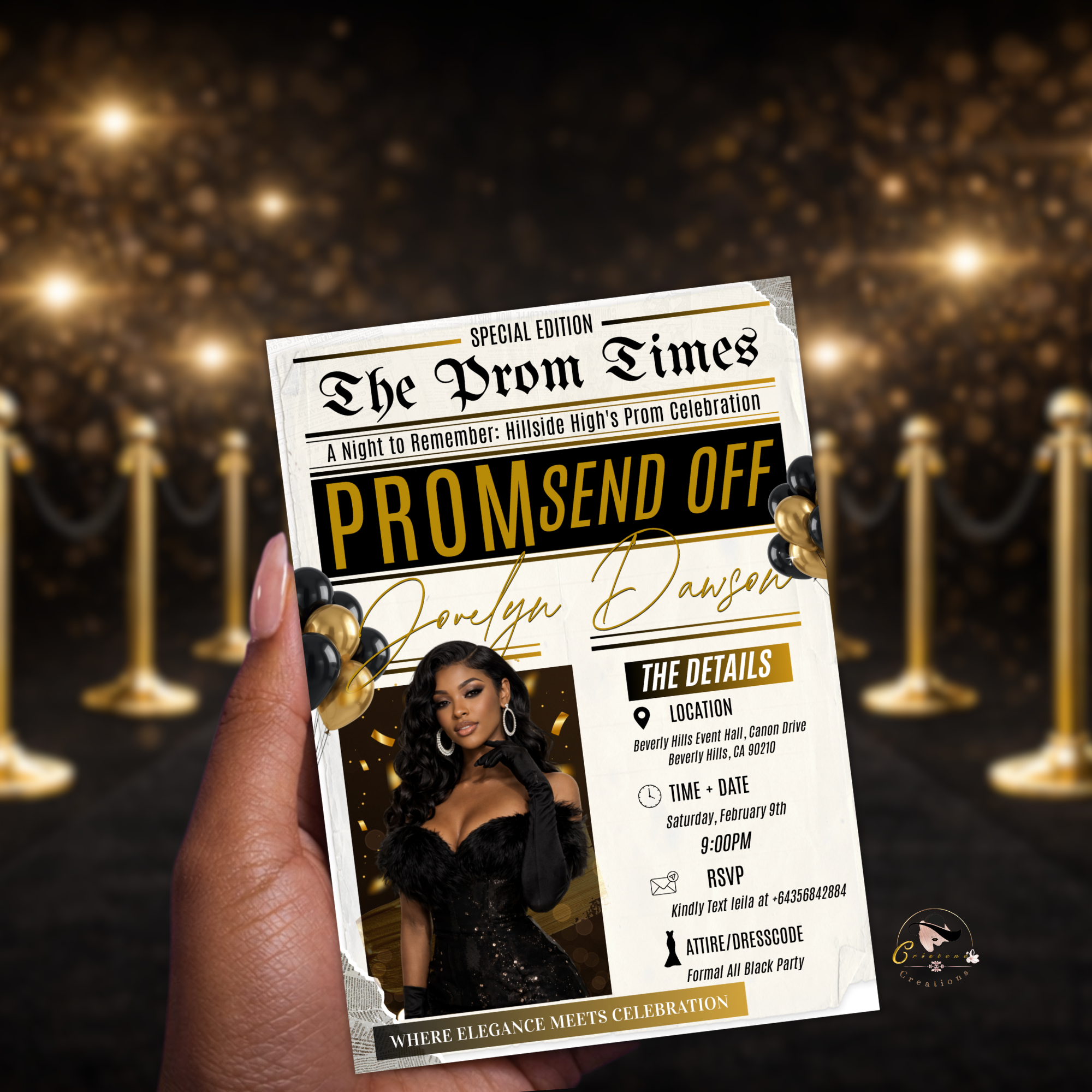 Newspaper Prom Send Off Party Invitation, Black Gold Prom Queen with photo invite, Girls Prom Night Flyer Card, Digital Printable Template