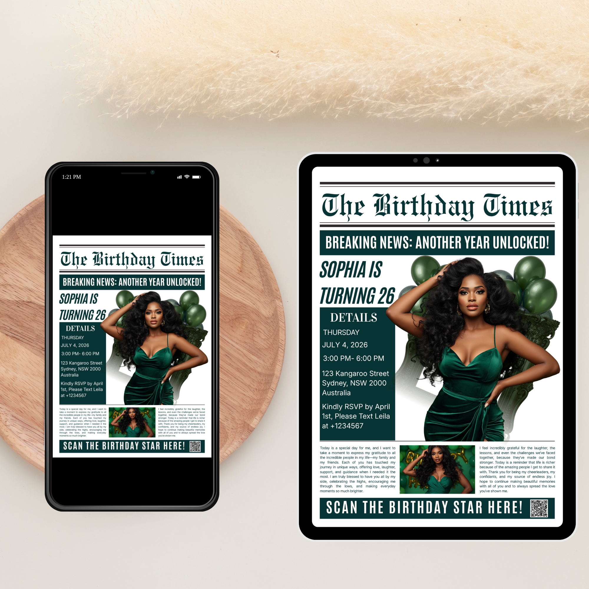 Green Newspaper Birthday Party Invitation with Photo, Woman Dinner & Brunch Invite, Retirement Invite, Editable Printable Digital Template