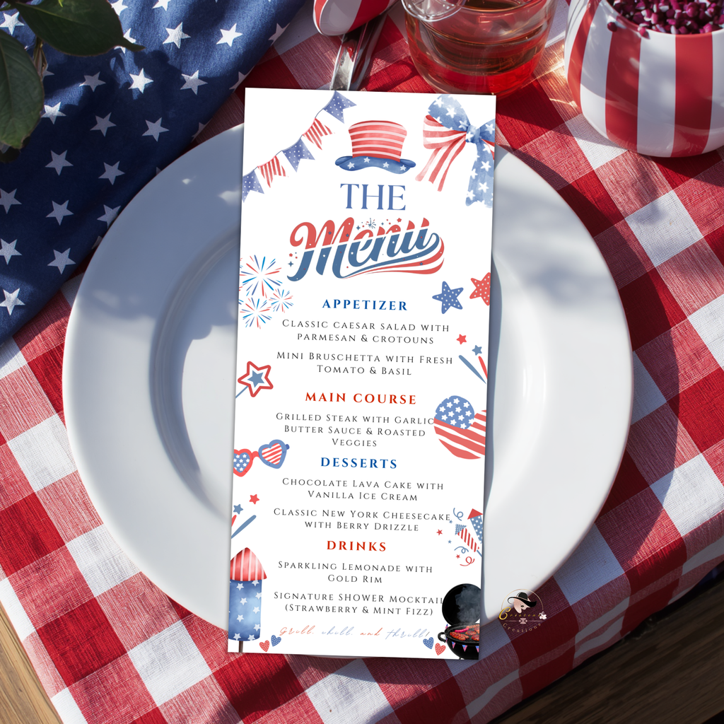 4th of July Party Menu, USA Independence Day Cookout BBQ Menu Card, Patriotic Menu, July Fourth Menu, Editable Canva Printable Template