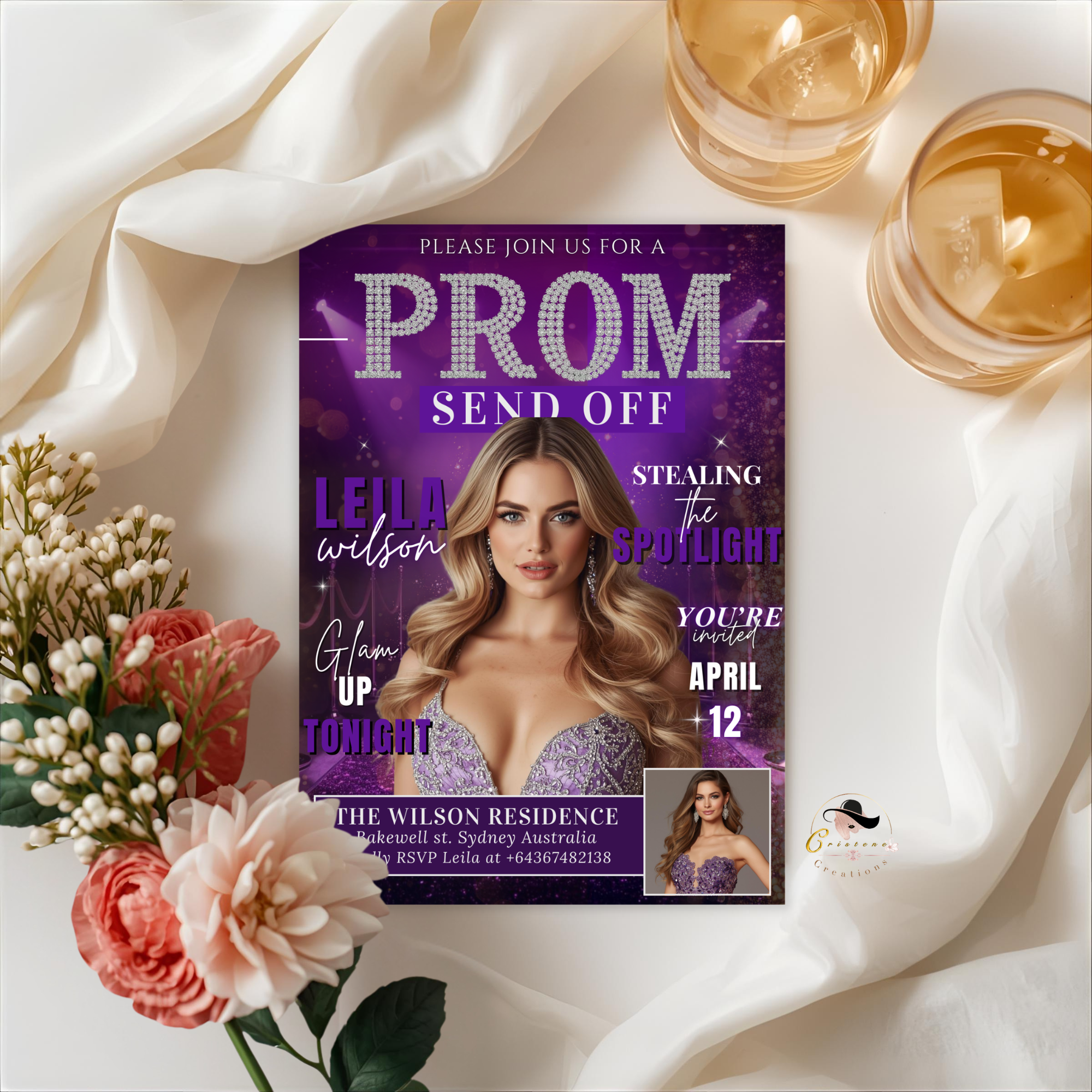 Purple Prom Send Off Party Invitation, Prom Queen with photo invite, Girl Prom Night Flyer, Elegant Diamond Theme Digital Printable Template