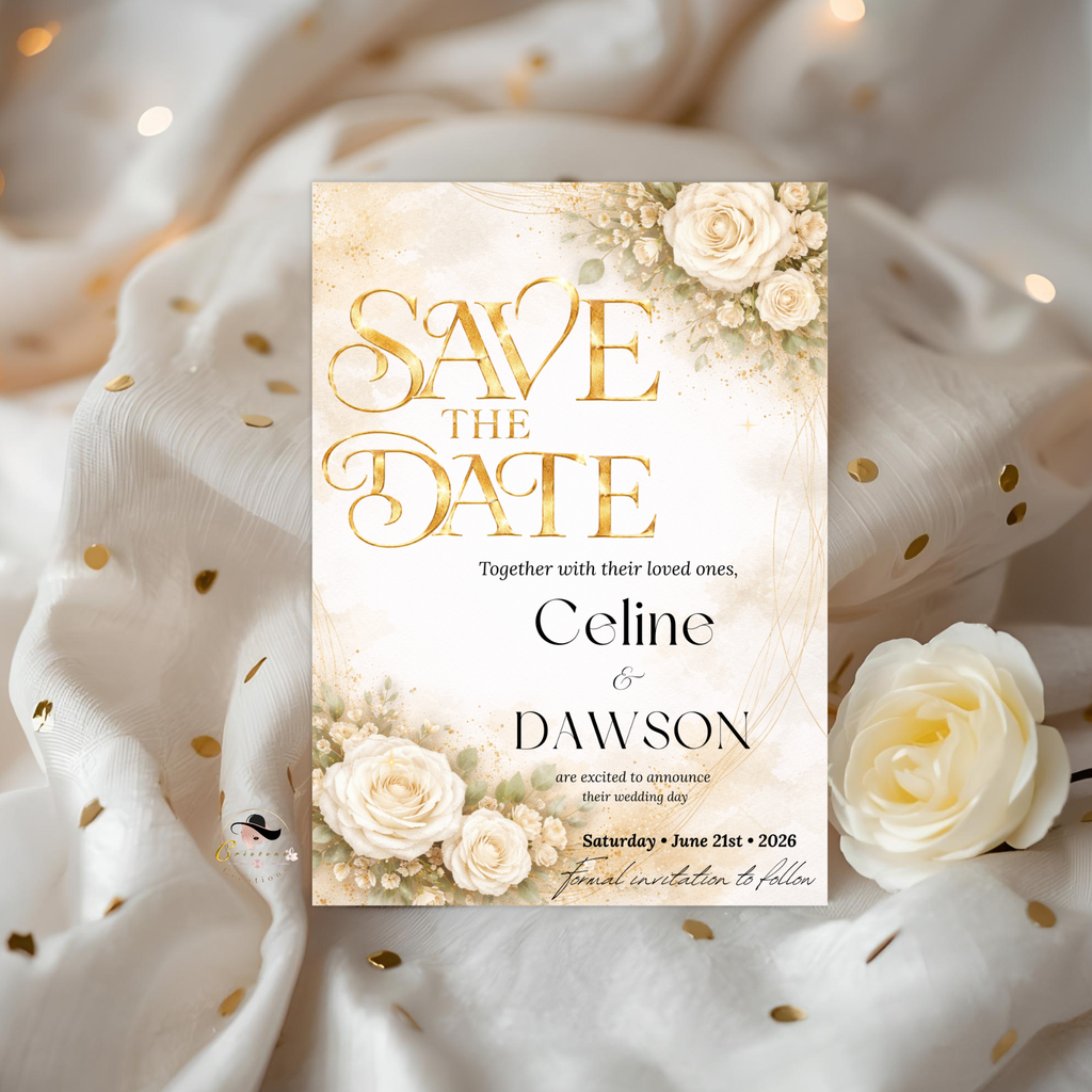 Floral Wedding Save the Date Invitation, White Gold Save Date Party Invite, Elegant Wedding Announcement, Printable Canva Template