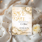 Floral Wedding Save the Date Invitation, White Gold Save Date Party Invite, Elegant Wedding Announcement, Printable Canva Template