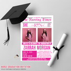 Newspaper Nurse Graduation Invitation with Photo, RN BSN LPN Pinning Ceremony Party, Pink Nursing Grad Invite, Editable Printable Template