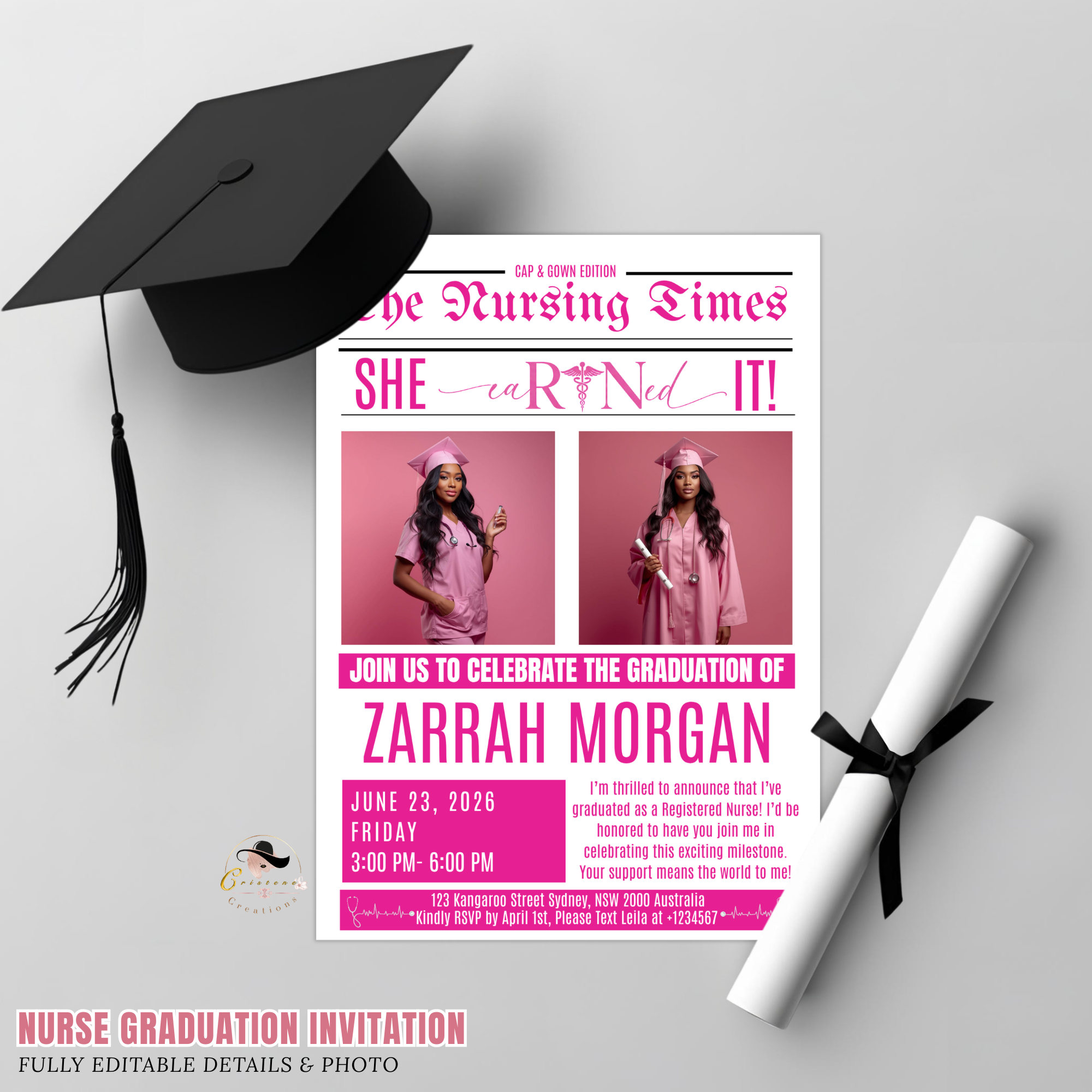 Newspaper Nurse Graduation Invitation with Photo, RN BSN LPN Pinning Ceremony Party, Pink Nursing Grad Invite, Editable Printable Template
