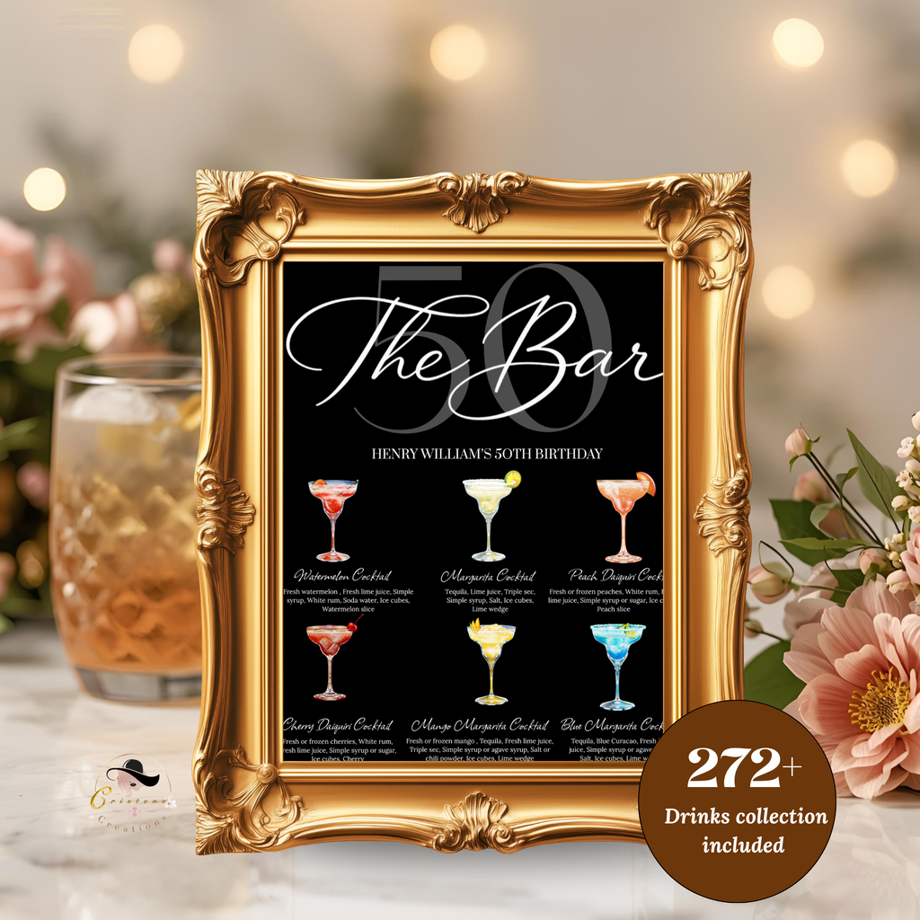 50th Birthday Signature Drink Sign, Editable Bar Menu Template, Fifty and Fabulous Party Drinks For Him and Her, Canva Digital Printable