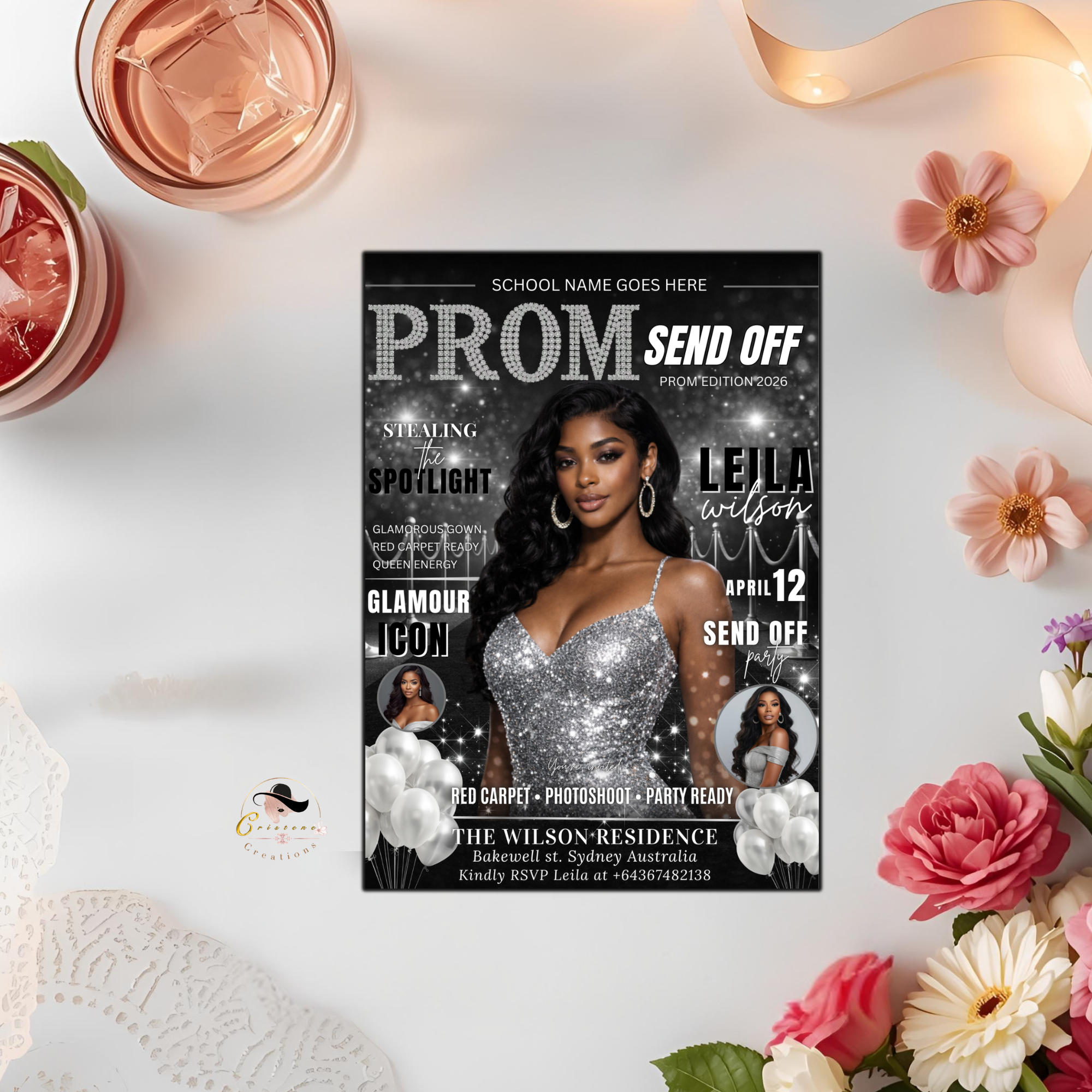 Black Silver Prom Send Off Party Invitation, Prom Queen with photo invite, Girls Prom Night Flyer, Magazine Cover Digital Printable Template