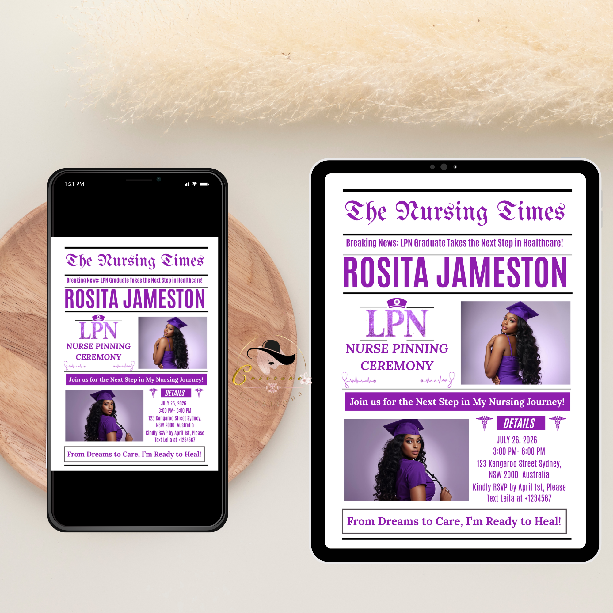 Newspaper LPN Nurse Graduation Invitation with Photo, Nursing Pinning Ceremony Invite for Women Purple Nurse Flyer, Canva Printable Template
