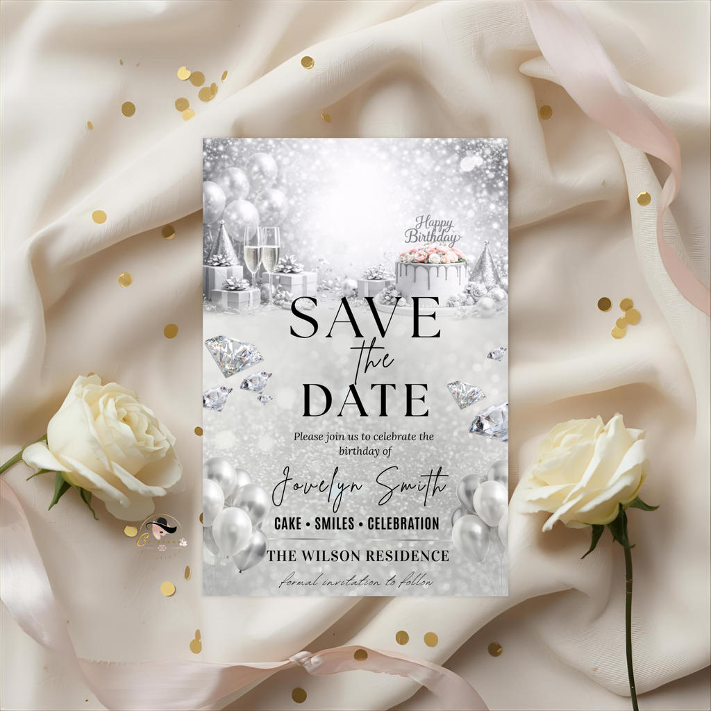 White Silver Save the Date Birthday Invitation, Diamond Jubilee Save Date Party Invite, Elegant Woman Card, Printable Digital Template