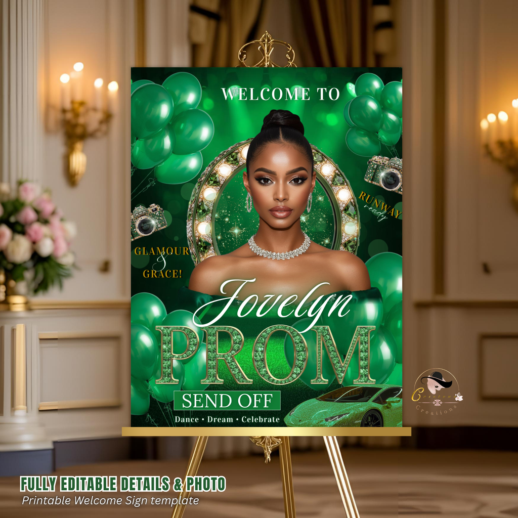 Green Prom Send Off Welcome Party Sign, Prom Queen Poster Sign with photo, Elegant Party Board Sign, Glam Hollywood Theme Printable Template