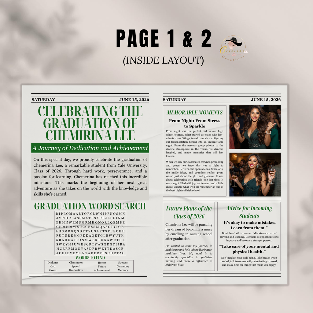 Class of 2026 Graduation Newspaper Template with Photo, Green Grad Announcement for Boys and Girls, Canva Editable Digital Printable