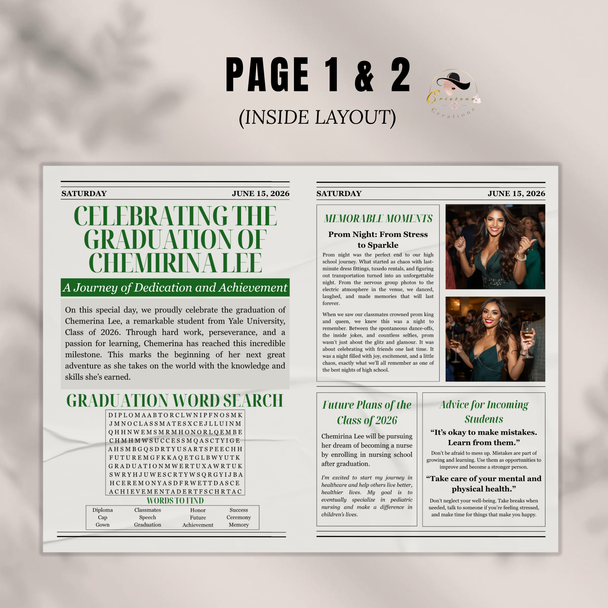 Class of 2026 Graduation Newspaper Template with Photo, Green Grad Announcement for Boys and Girls, Canva Editable Digital Printable