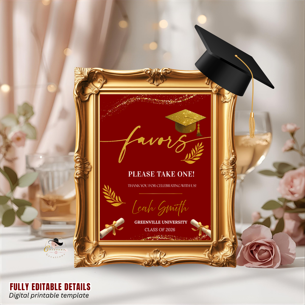Graduation Favor Sign Template, Red Gold Grad Table Sign, Class of 2026 Party Favors Sign, High School Party Sign, Digital Printable Canva