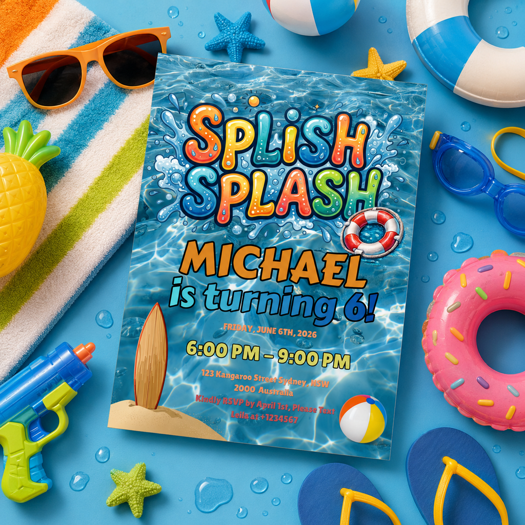Pool Party Birthday Invitation for Boy, Kids Summer Beach Party Invite, Splish Splash Invite, Blue Printable Editable Digital Template