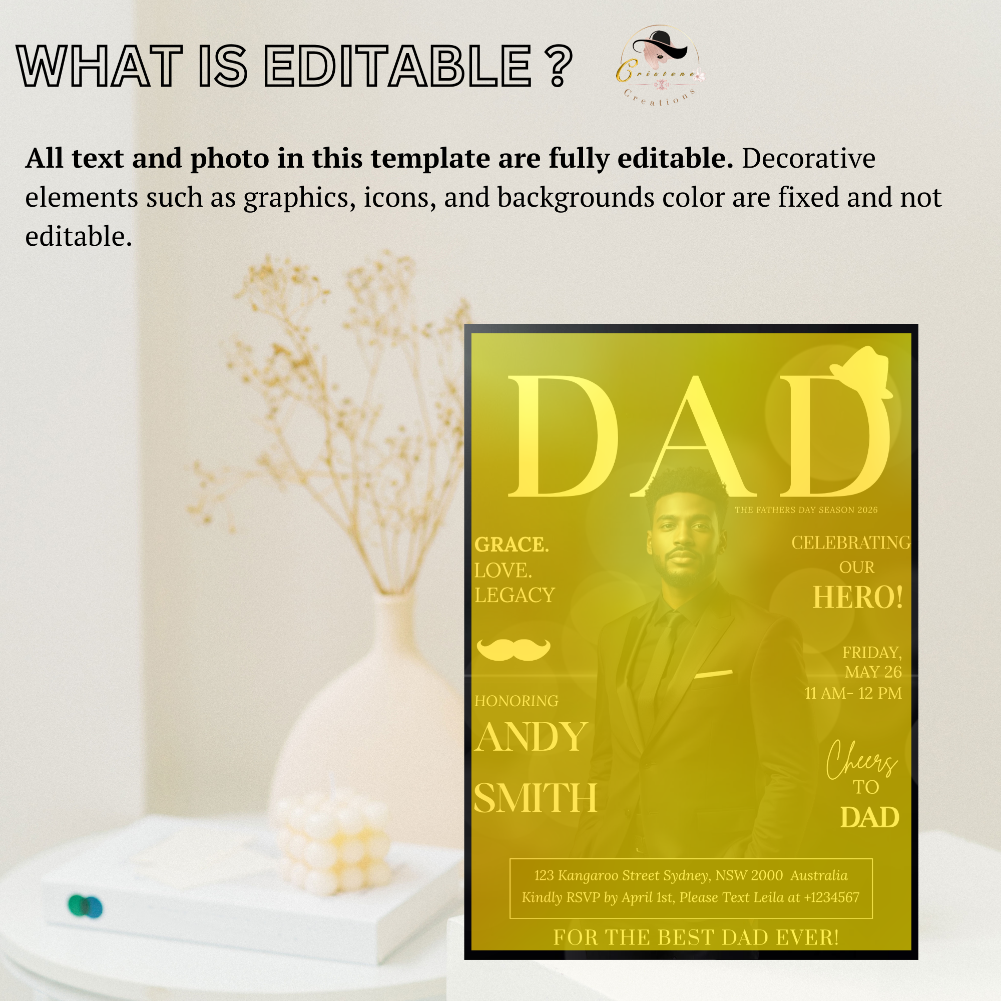 Father’s Day Invitation Magazine Style with Photo, Suit and Tie Dad Party Invite, Brunch or Dinner Invite, Canva Printable Digital Template