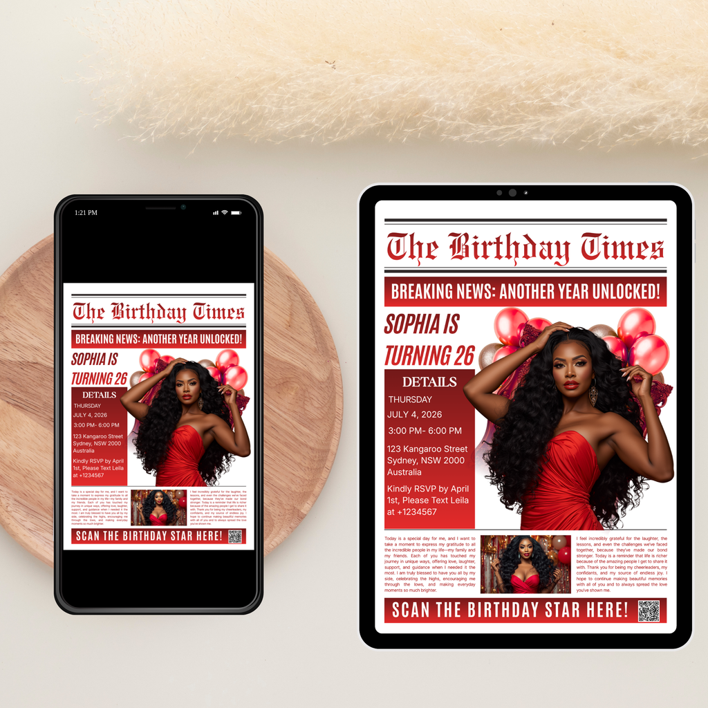 Red Newspaper Birthday Invitation with Photo, Birthday Dinner & Brunch Party Invite for Him Her, Adult Celebration Editable Canva Template