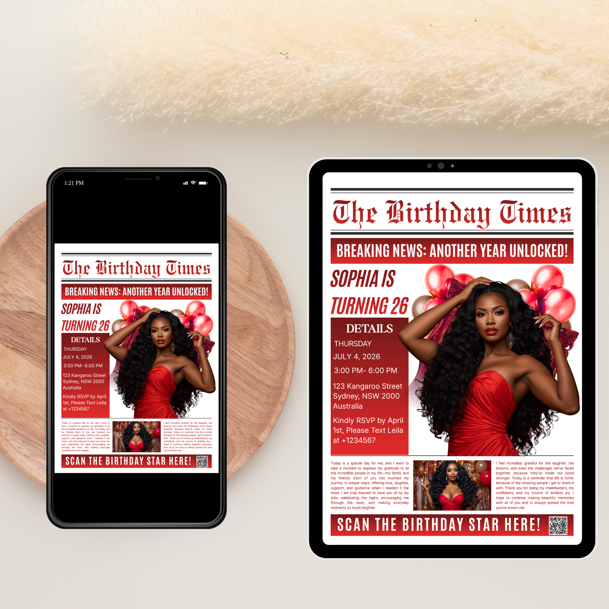 Red Newspaper Birthday Invitation with Photo, Birthday Dinner & Brunch Party Invite for Him Her, Adult Celebration Editable Canva Template