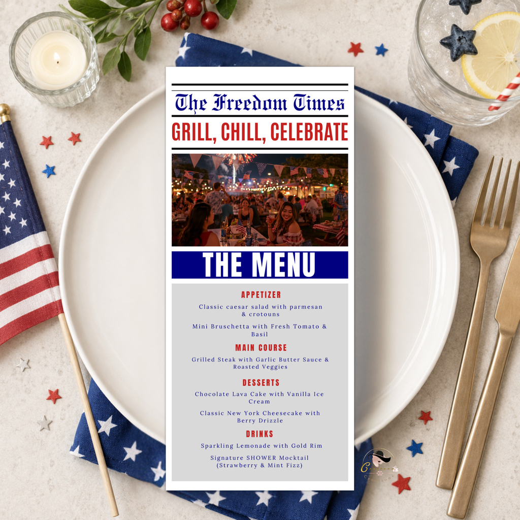 4th of July Party Menu with Photo, BBQ Cookout Fireworks Pool Party Printable Menu, July Fourth, Independence Day, Newspaper Style Template