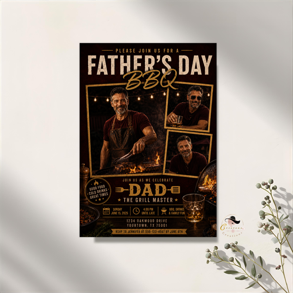 Red Father's Day BBQ Invitation with Photo, Backyard Barbecue Party Invite for Dad Summer Grill Cookout, Editable Digital Printable Template