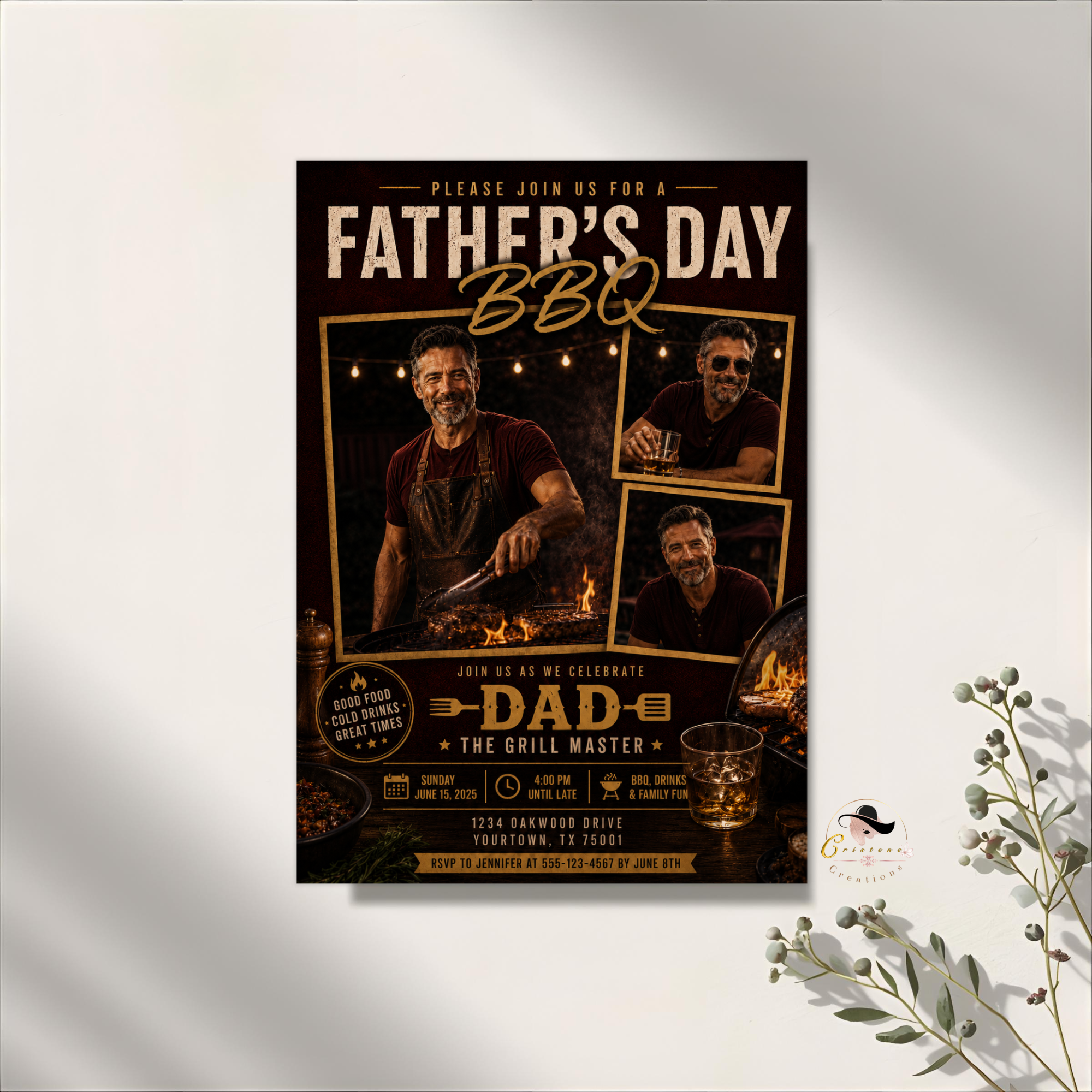 Red Father's Day BBQ Invitation with Photo, Backyard Barbecue Party Invite for Dad Summer Grill Cookout, Editable Digital Printable Template