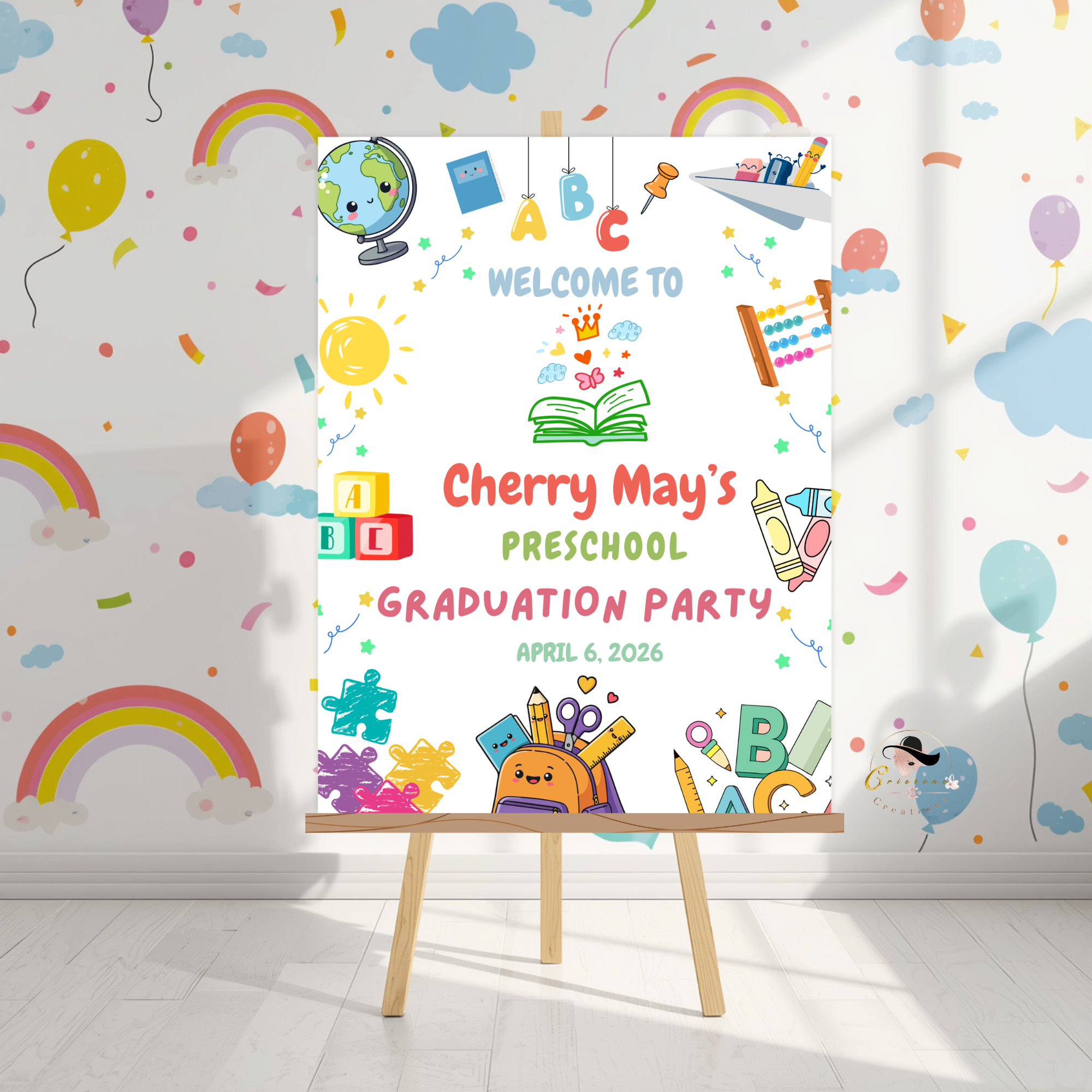 Preschool Graduation Welcome Sign, Pre-K Kindergarten Class of 2026 Party Poster Sign, Colorful Kids Grad, Editable Canva Printable Template