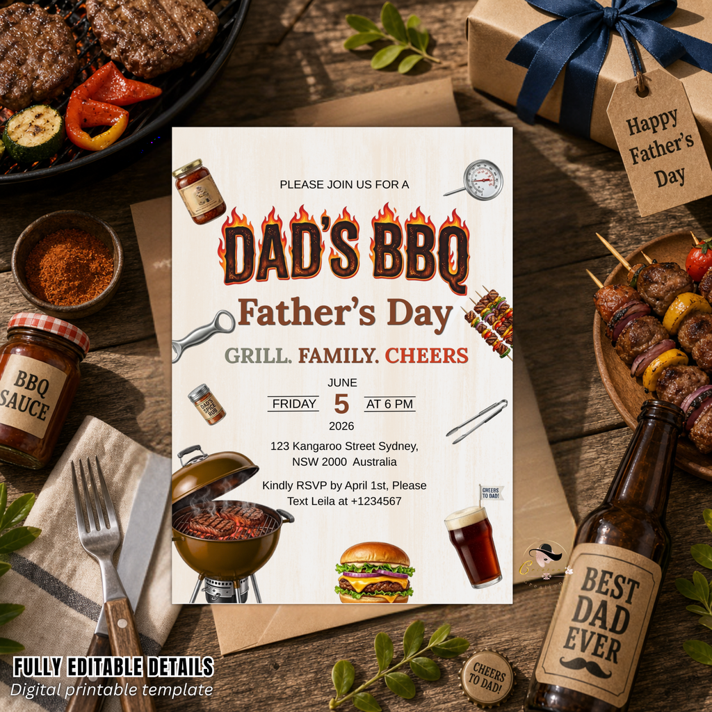 Fathers Day BBQ Party Invitation, Dad Cookout Pool Party Invite, Food Drinks Whiskey Barbecue Celebration, Printable Digital Canva Template