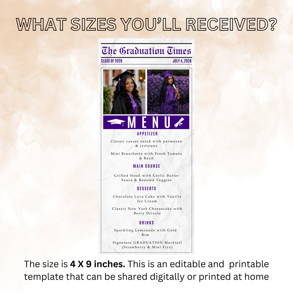 Purple Graduation Newspaper Menu Template with Photo, Senior Grad Party Dinner Menu for High School College, Graduates Menu Printable Card