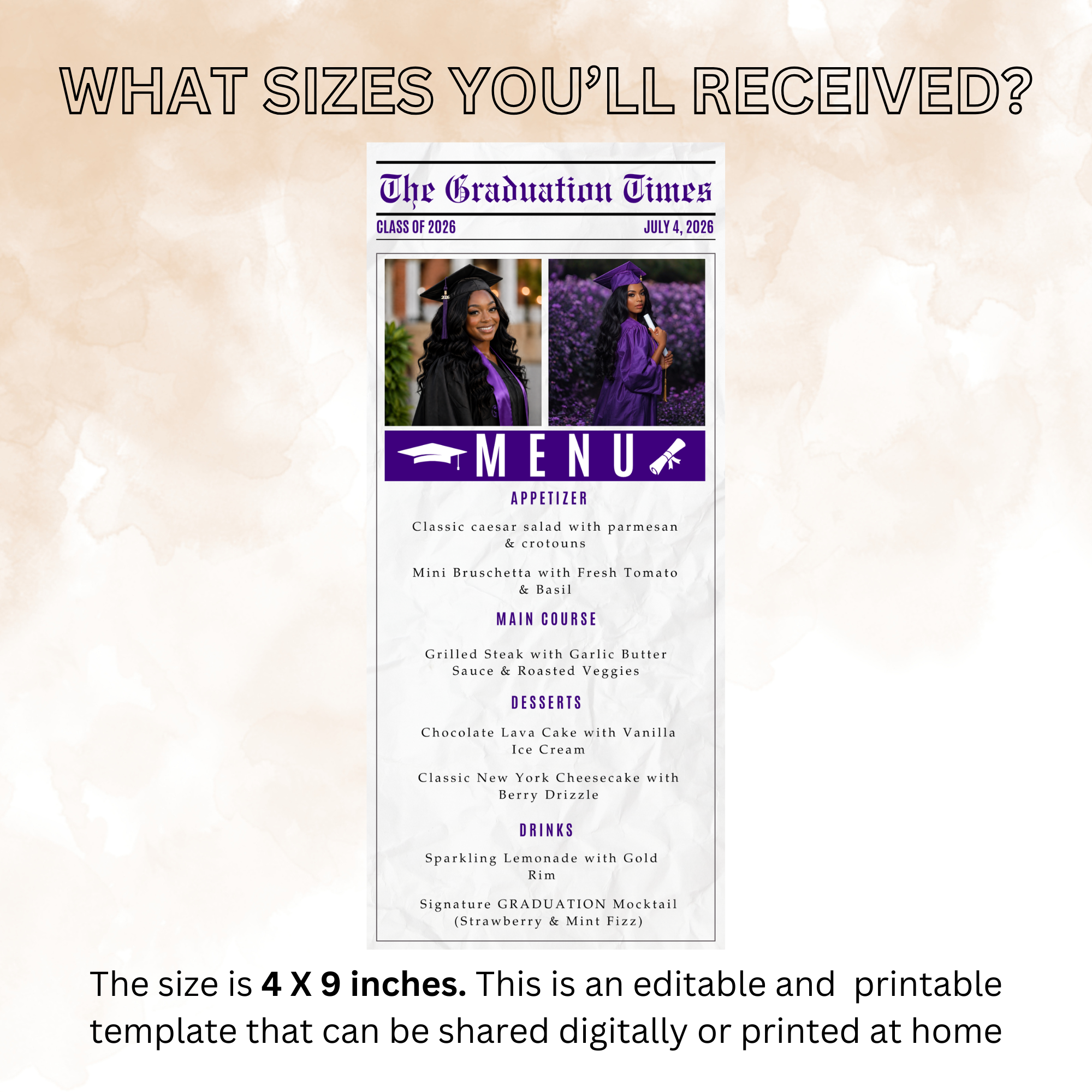 Purple Graduation Newspaper Menu Template with Photo, Senior Grad Party Dinner Menu for High School College, Graduates Menu Printable Card