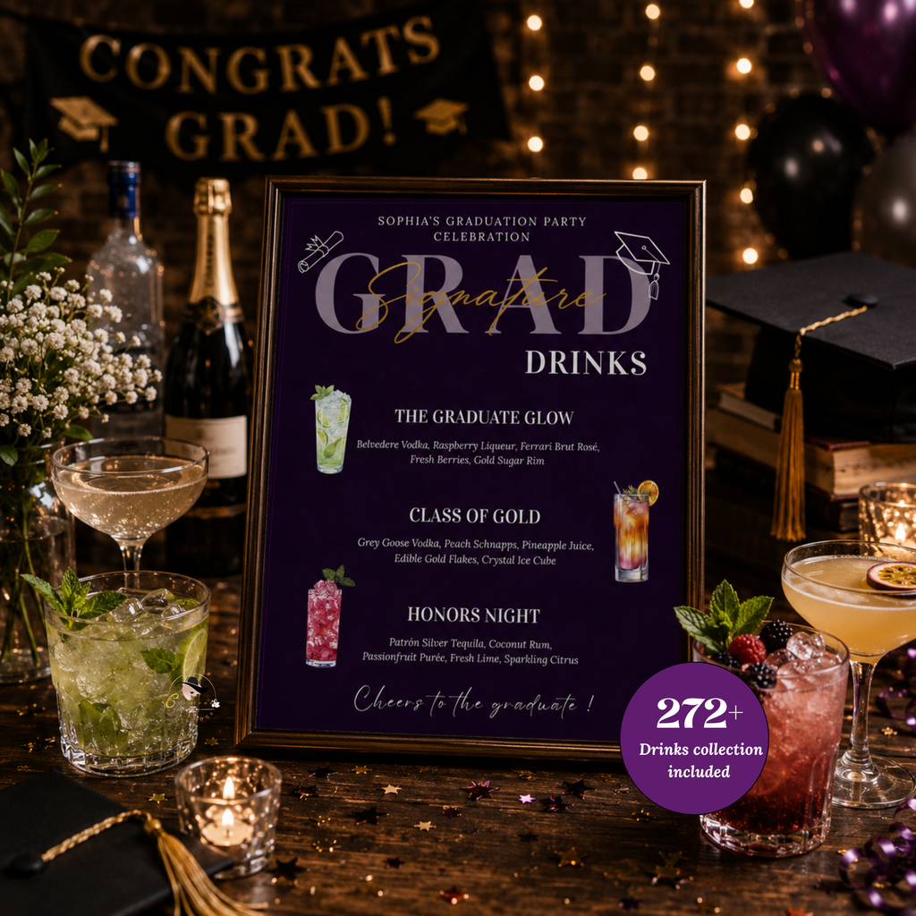 Purple Graduation Signature Drinks Sign, Senior Grad Bar Menu Template, Boy Girl Class of 2026 Printable Drink Menu for High School College