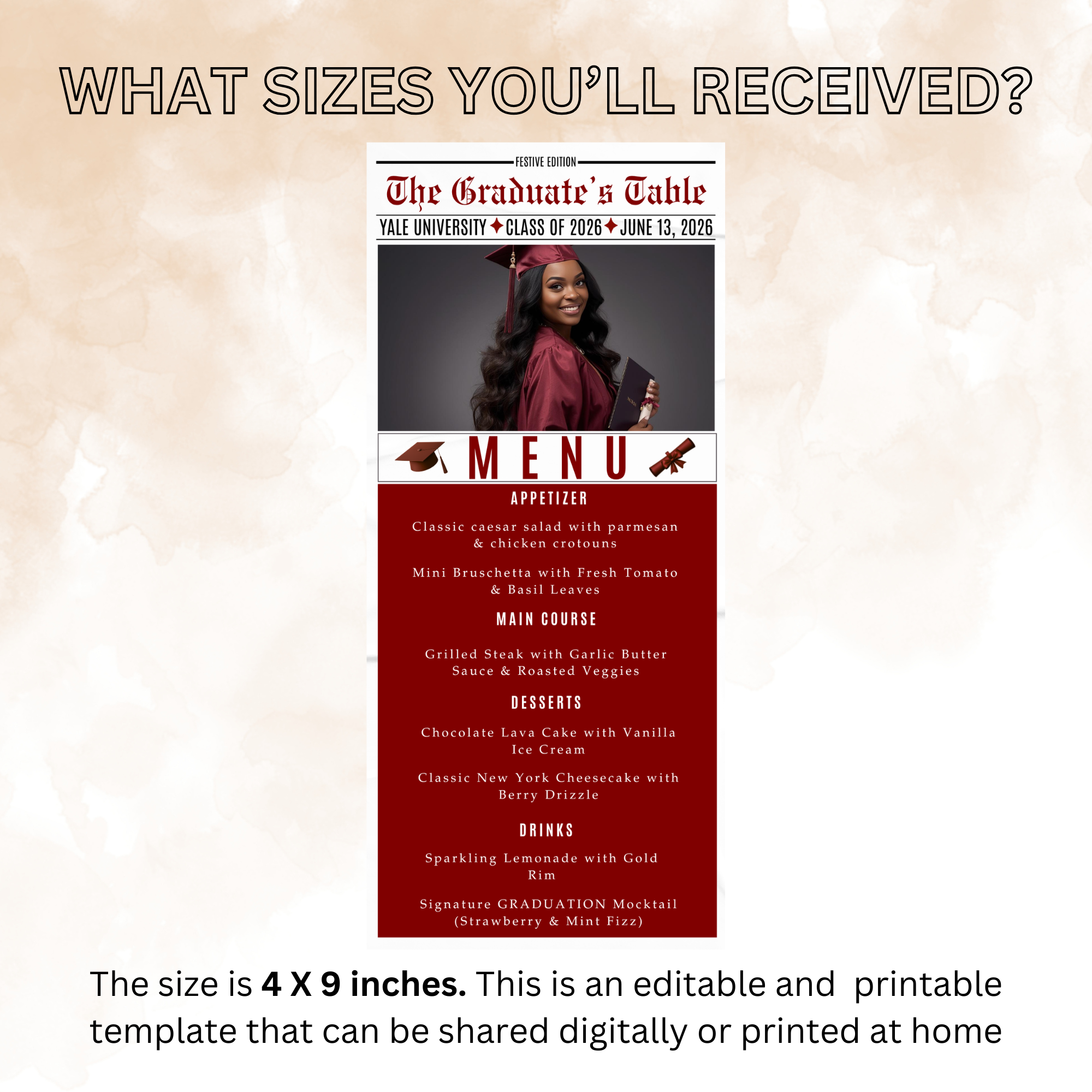 Newspaper Graduation Menu Template, Class of 2026 Grad Party Dinner Menu Card For Him and Her, Maroon Graduates Menu, Printable Canva