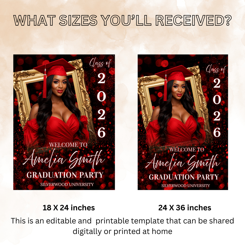 Red Graduation Welcome Sign with Photo for Him and Her, Class of 2026 High School College Party Poster Sign, Canva Printable Template