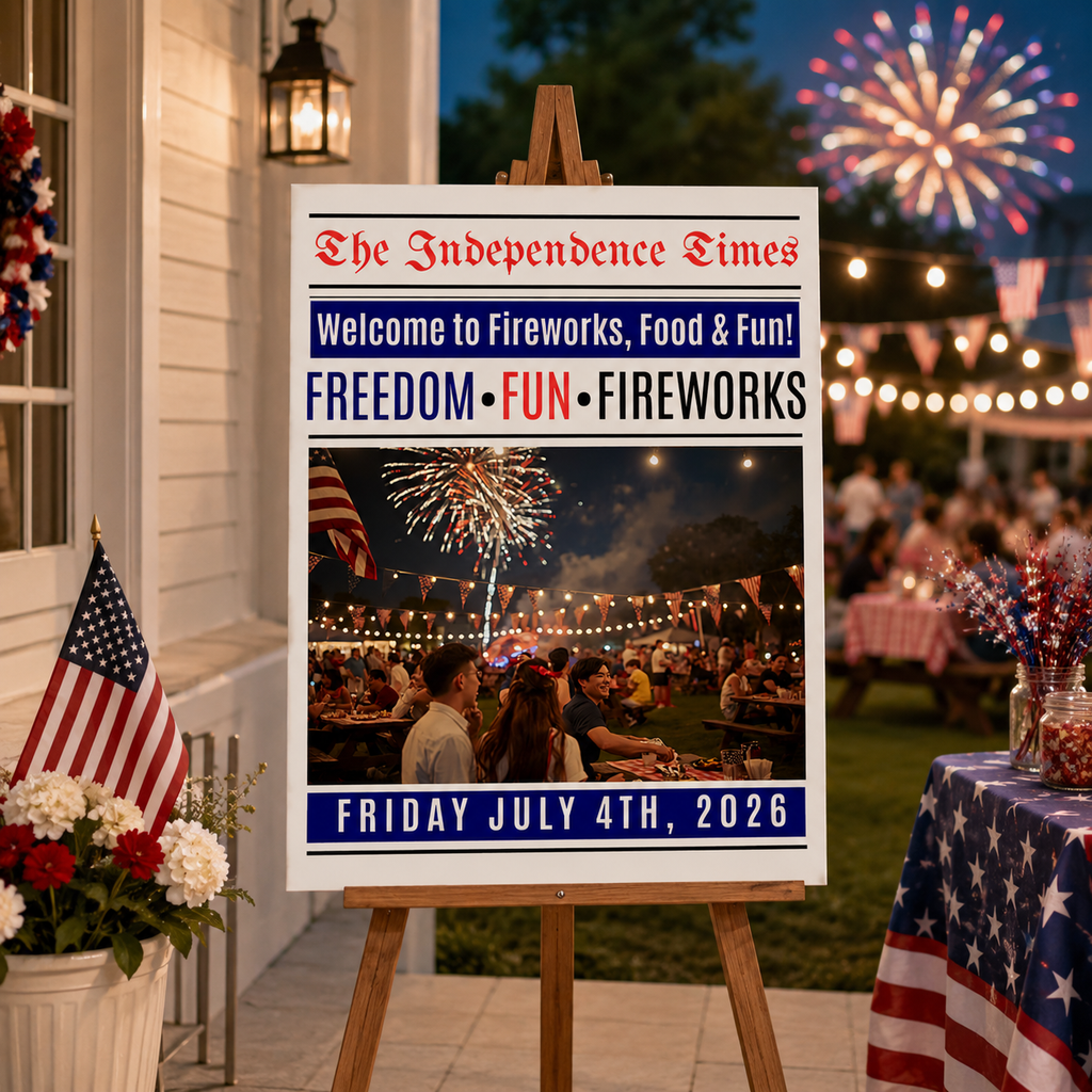 4th of July Welcome Sign with Photo, Newspaper Style Patriotic Party Sign, July 4th Poster Sign, Independence Day Sign, Printable Template