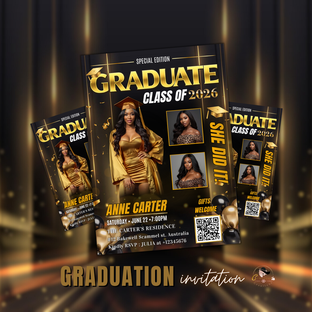 Graduation Announcement 2026 Invitation, Senior Grad Party with photo invite, Woman College High school Graduates, Black gold Flyer Template