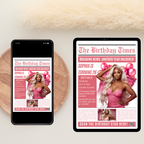 Pink Birthday Dinner Invitation with Photo, Newspaper Style Party Invite, Woman Brunch Invite, Editable Digital Printable Template