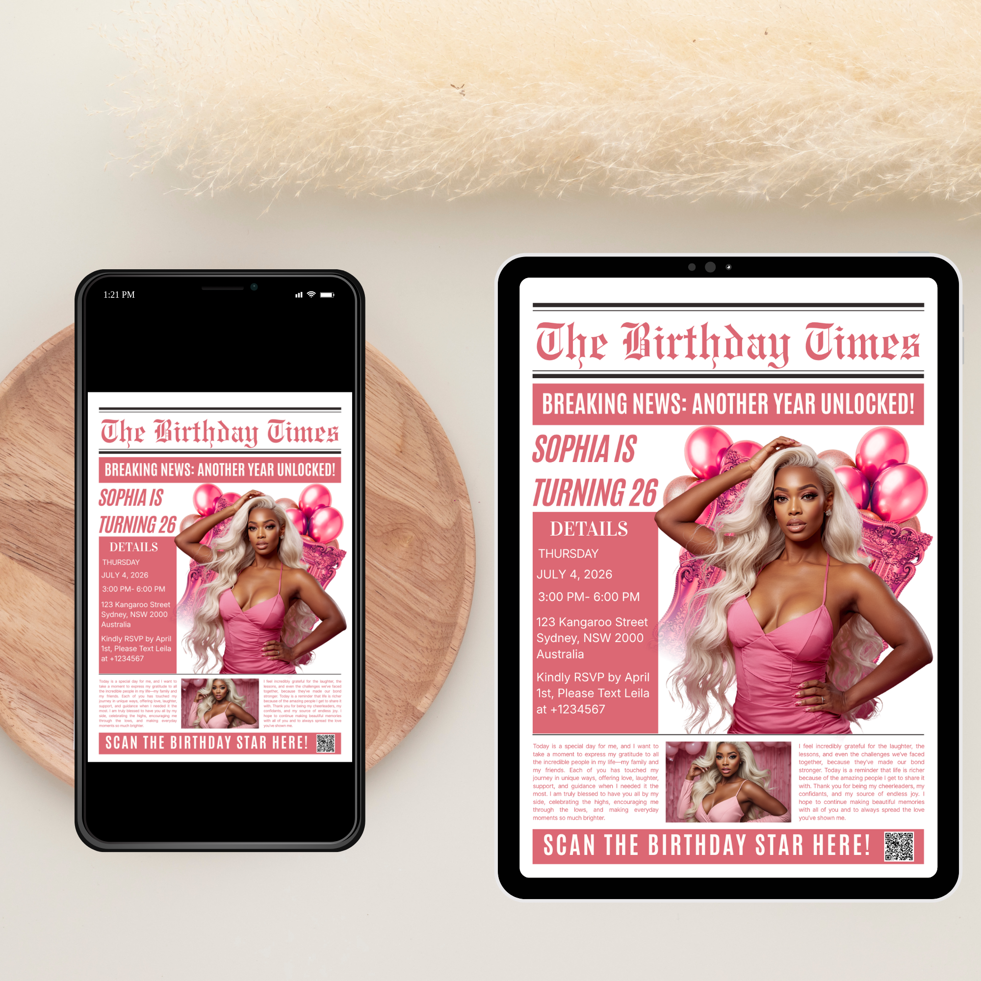 Pink Birthday Dinner Invitation with Photo, Newspaper Style Party Invite, Woman Brunch Invite, Editable Digital Printable Template