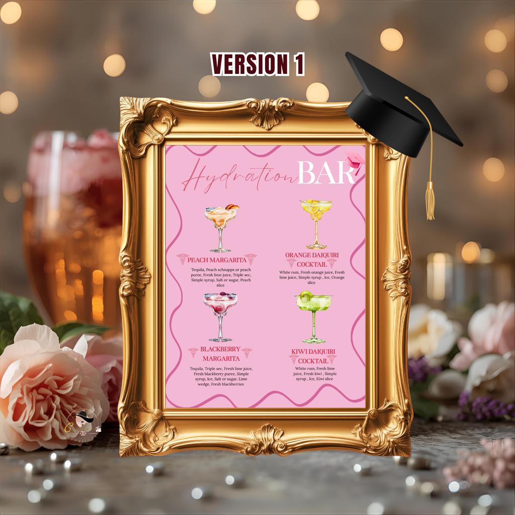 Nurse Graduation Drink Sign, Pink RN LPN CNA Cocktail Menu Card, Nursing Signature Drinks Hydration Station, Editable Printable Template