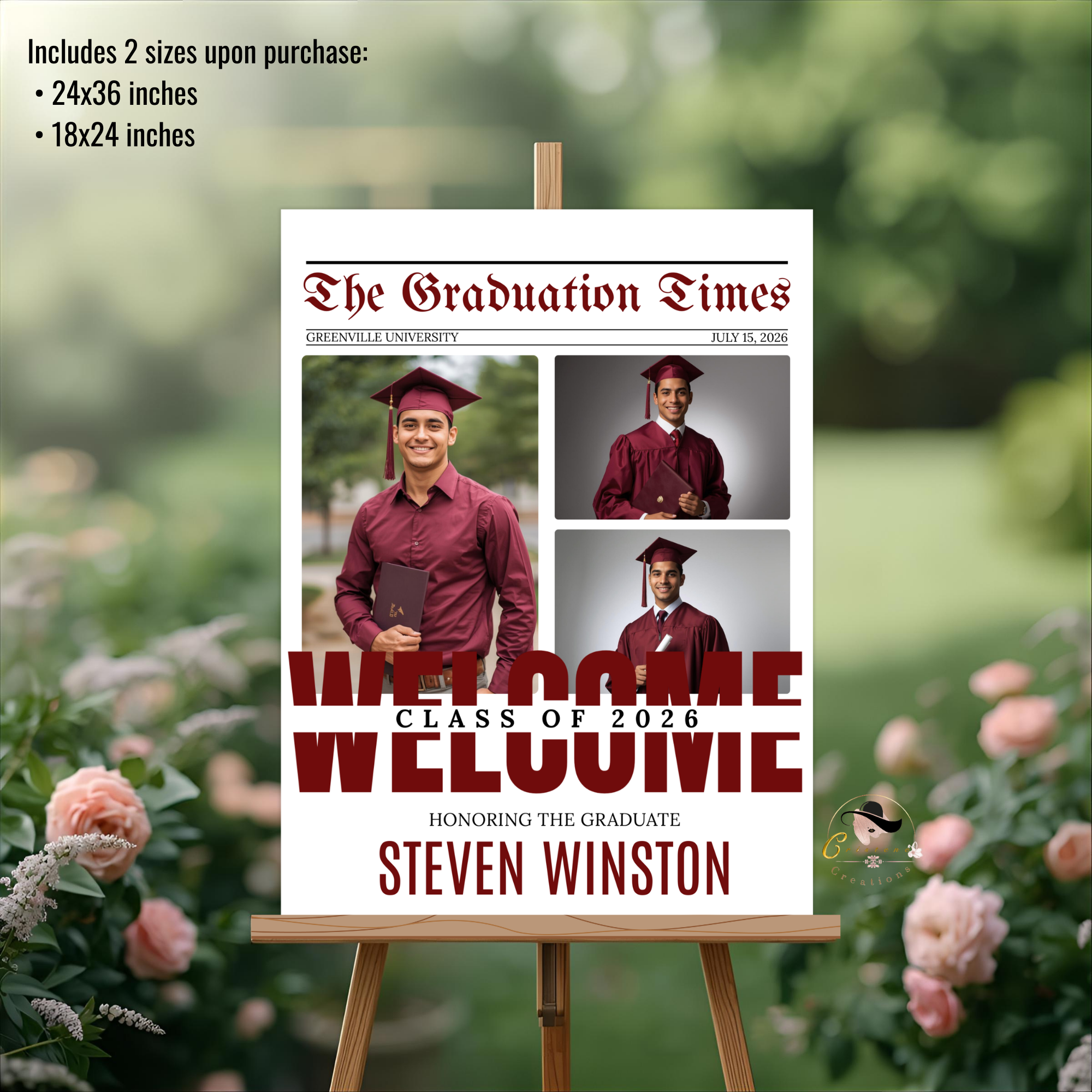 Maroon Newspaper Graduation Welcome Party Sign, Boy Senior Grad Announcement Sign with photo, High School Graduate Sign, Printable Template