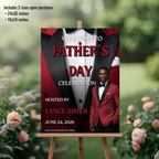 Red Fathers Day Welcome Sign with Photo, Gentleman Tuxedo Poster Sign, Male Birthday Sign, Retirement Party Sign, Printable Canva Template