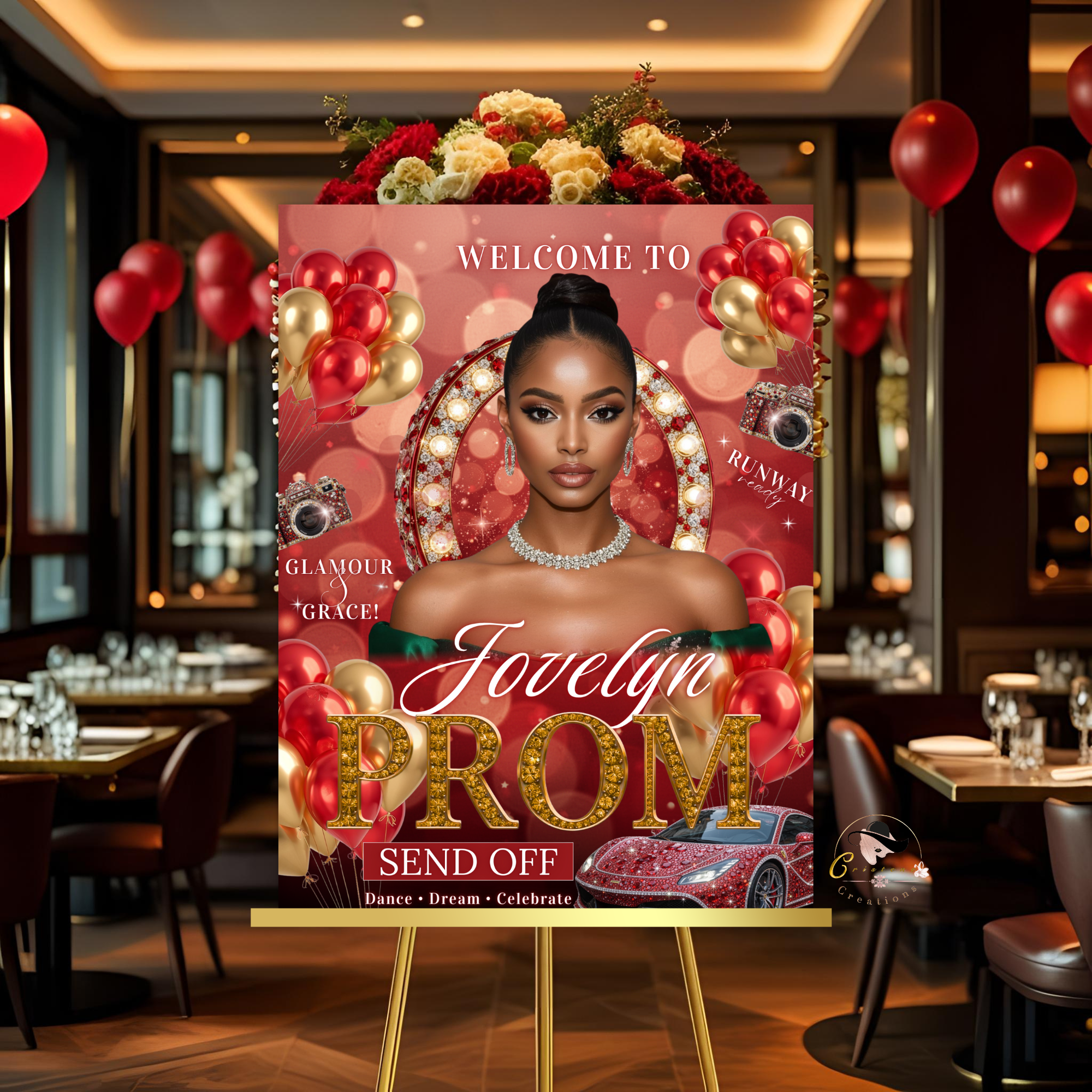 Red Gold Prom Send Off Welcome Party Sign, Prom Queen Poster Sign with photo, Entrance Party Board Sign, Glam Hollywood Printable Template