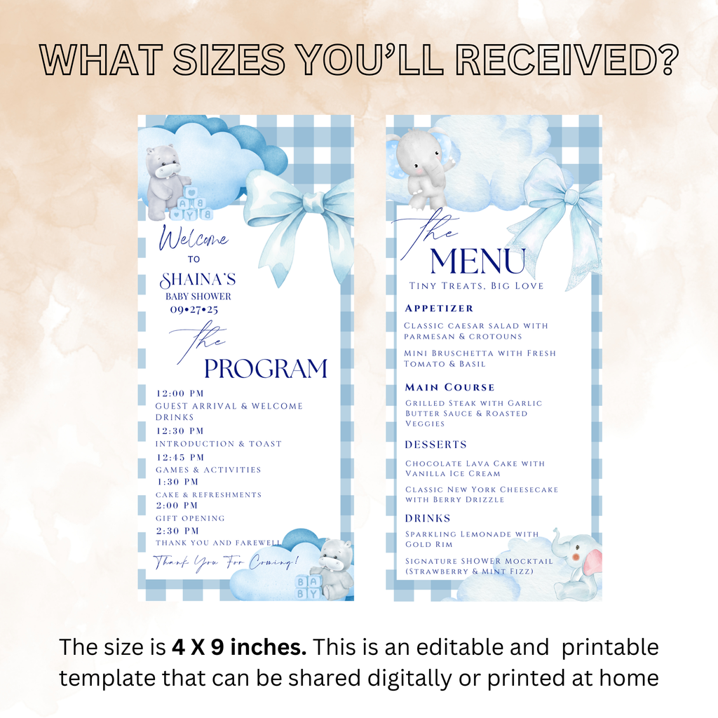 Blue Baby Shower Menu and Program Template, Baby Boy Shower Itinerary Card, Cloud 9 Bear Safari Party theme Editable Canva Digital Printable